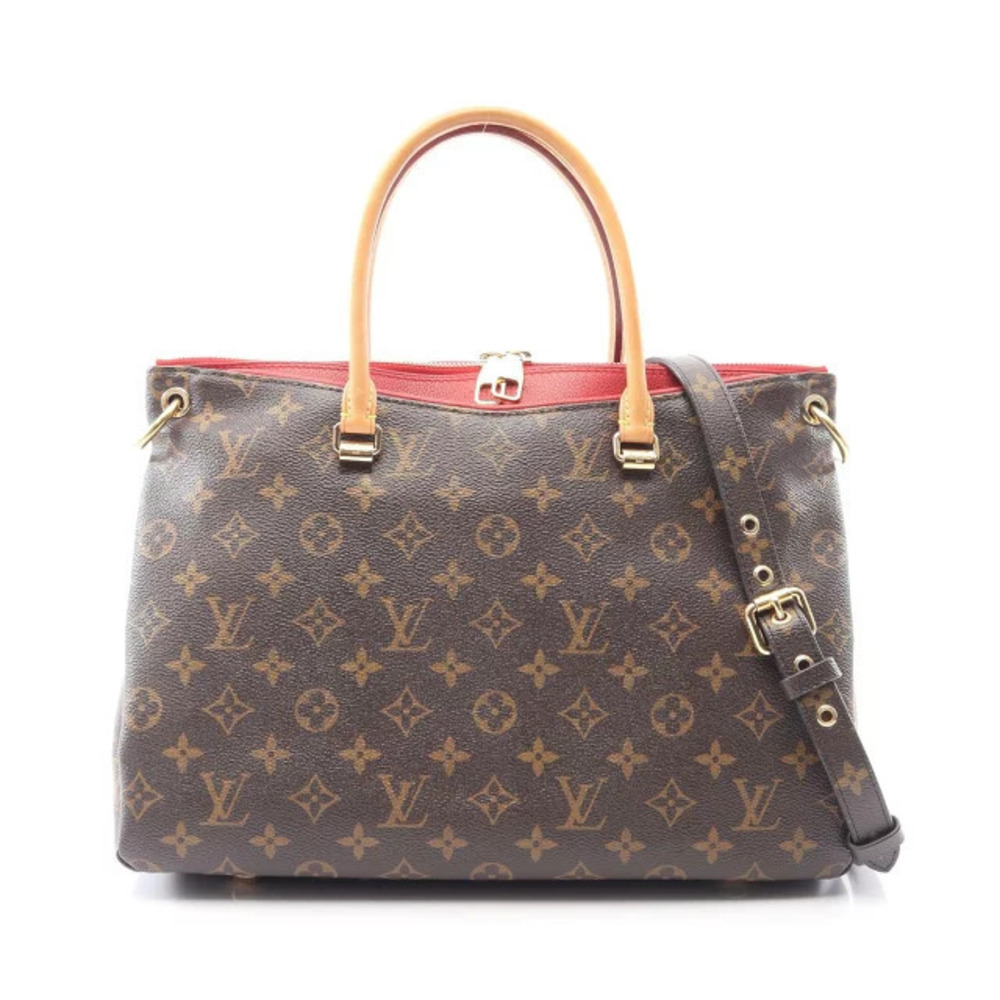 Louis Vuitton Pallas Handbag Canvas Leather Monogram Brown Red